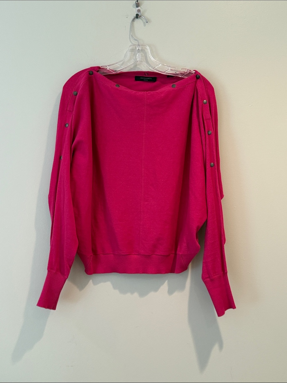 AllSaints Hot Pink Elle Ellie Button-Shoulder Crewneck boat neck Sweater